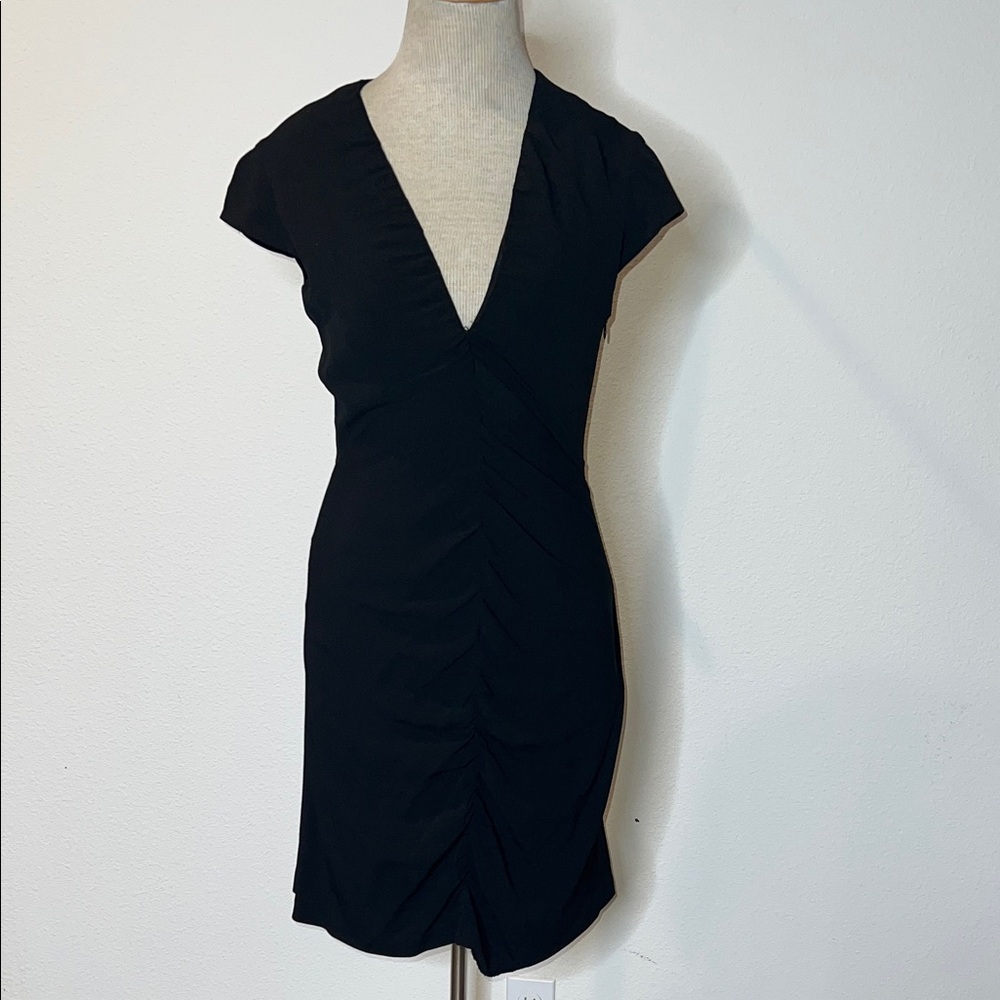 Rene Lezard Silk Blend Deep V Dress with Ruched Front